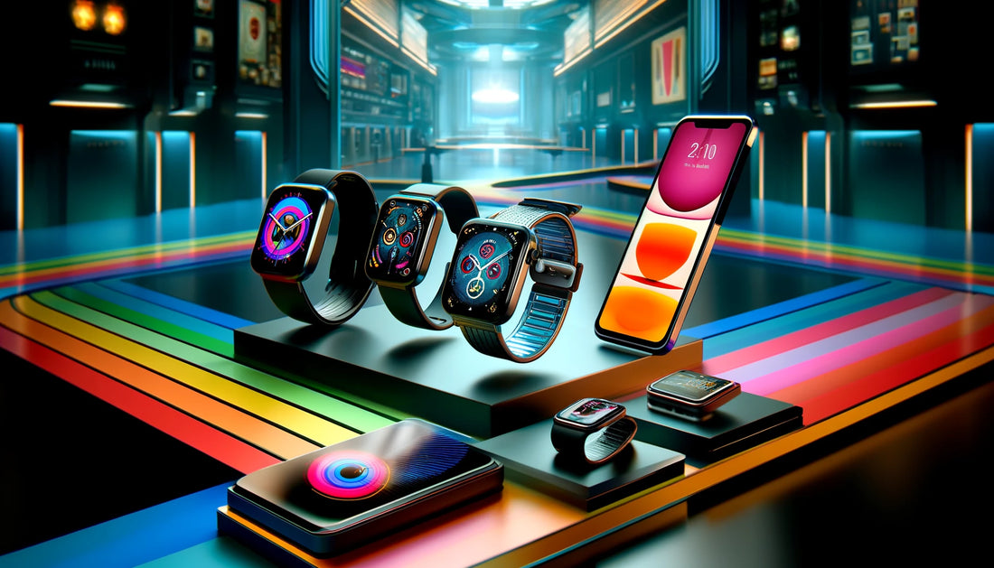 Exhibe los últimos modelos de relojes inteligentes y teléfonos inteligentes en una elegante mesa con un fondo de alta tecnología. La escena rezuma innovación y tecnología de vanguardia. ¡Disfrutar!