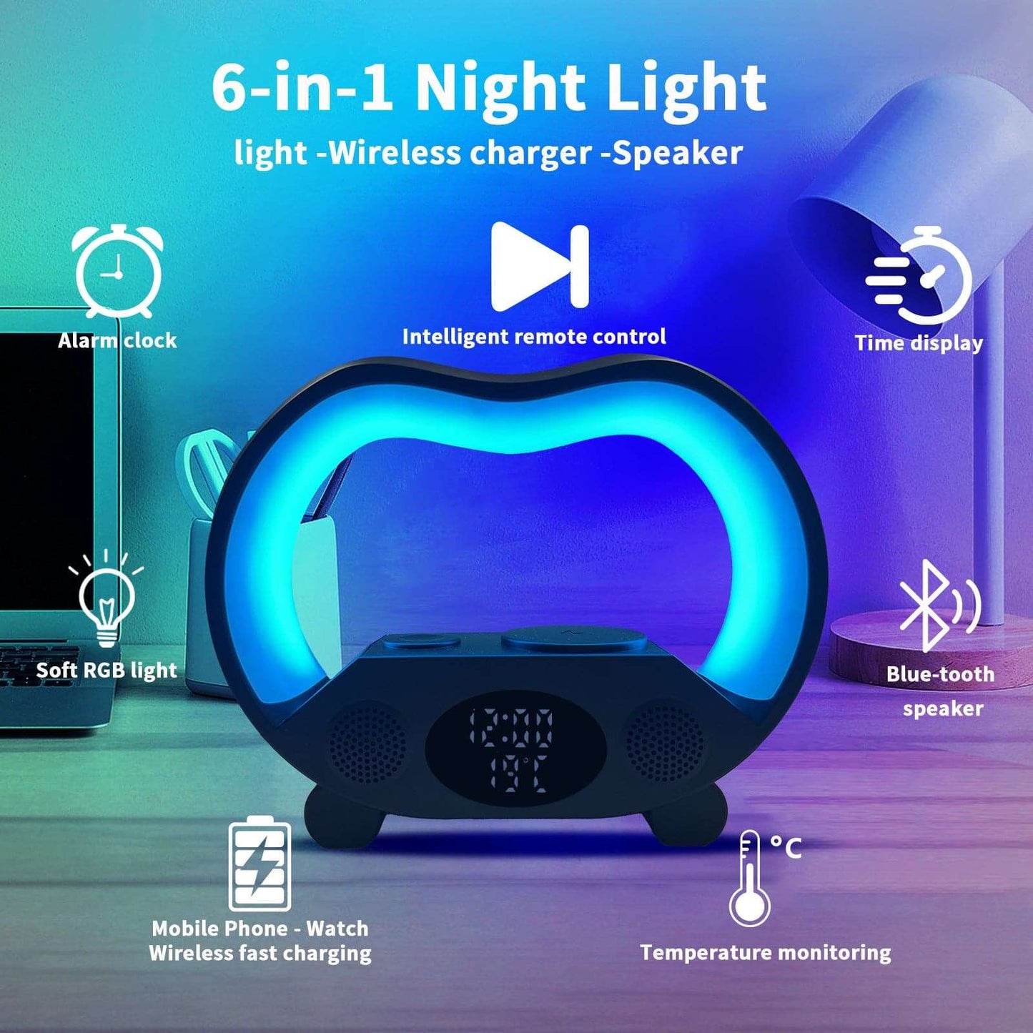 Lámpara de Mesa LED Inteligente 6 en 1: Cargador Inalámbrico, Altavoz Bluetooth y Más 🌟✨ - Conecta tu mundo